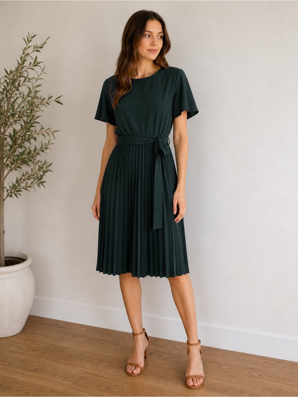 H&M Emerald Green Flowy Sleeve Accordion Pleat Dress Size Small
